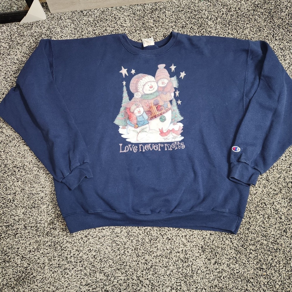 Vtg 90s Champion Christmas Sweater Love Never Melts Snowman Blue XXL Cottagecore